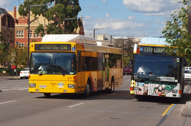 Torrens Transit MAN NL202 CNG #1673, comparing fronts with #1759 as it does a 150 to Osborne