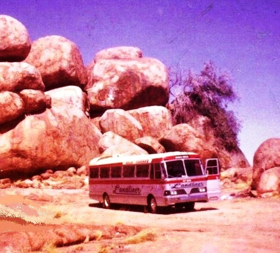 Redline tour visiting Devils Marbles NT in 1966