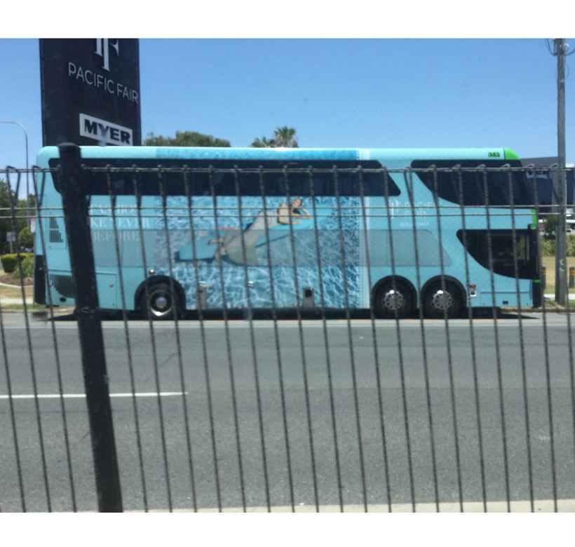 Surfside Buslines Bustech CDi 343 in all over advertising for Pacific Fair Laying Over out the front of Broadbeach Interchange
