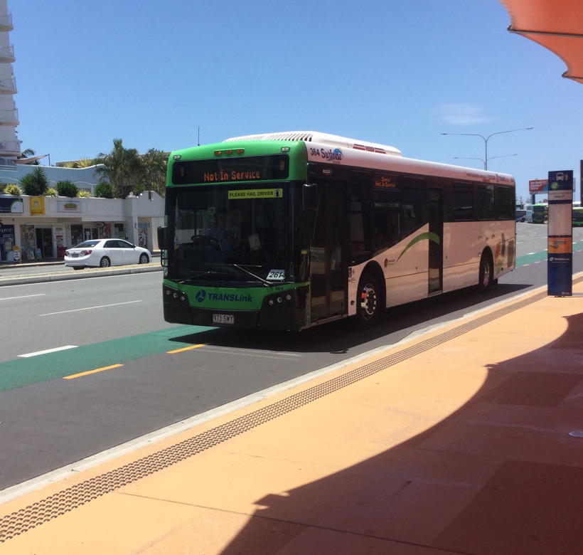 Surfside Buslines Bustech XDi 364 passing through the front of Broadbeach Interchange on it's way to the rear of the Interchange to Lay Over before starting a route 700 to Tweed Heads
