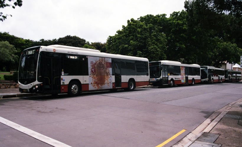 Darwin Interchange, with a typical line-up of buses laying over off-peak. All are Mercedes-Benz O500LE; bodywork varies between Custom-Coaches CB80, Volgren-Optimus and Volgren CR228L.