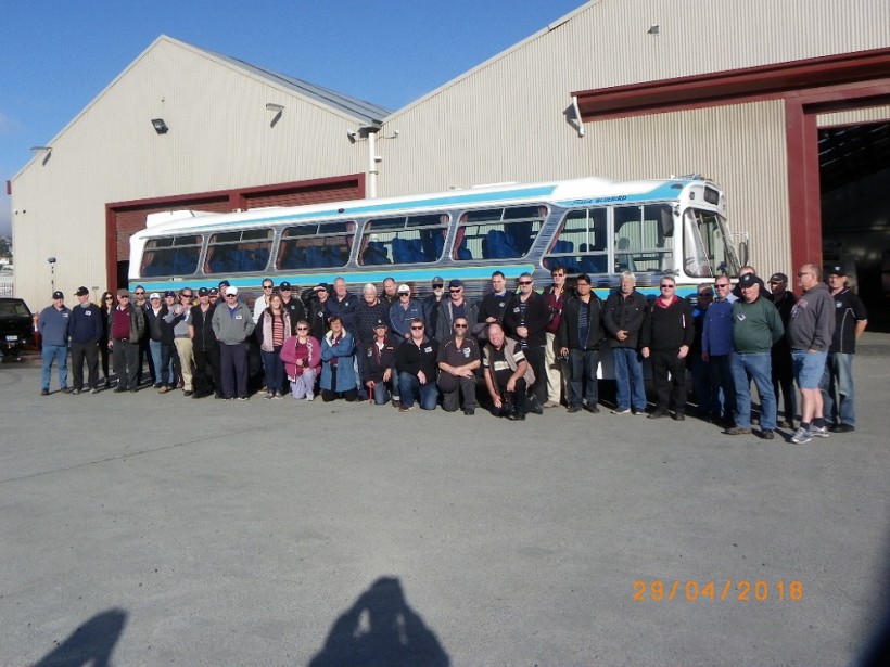 Group shot in front of the Society's 'Tassie Bluebird' - 1978 Volvo B58 / PMC