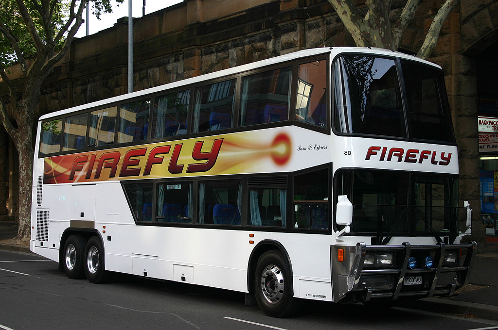 5580 AO
Wearing Firefly's new colours is number 80 "Born to Express" a Denning Landseer decker. Seen at the Sydney Coach terminal preparing for its overnight non stop trip to Melbourne via the M31 Freeway. It is ex HC54/14DT; ex (83) EFT 225 Australian Pacific Tours, Sandringham, Vic and was sold to Top End Escapes, Darwin, Northern Territory.
Keywords: denning_landseer deanophoto