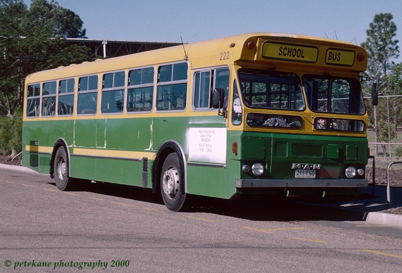211 FGD
Hendo’s Bus Service, Ayr MAN SL200/Ansair ex Melbourne Buslink (222), on an afternoon school service in 2000.
Keywords: denairphoto man_sl200 ansair melbuslink