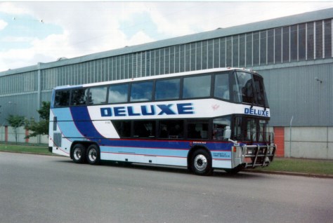 A Denning factory photo(note the staples holes)of a new Landseer Double Deck for Deluxe coachlines.