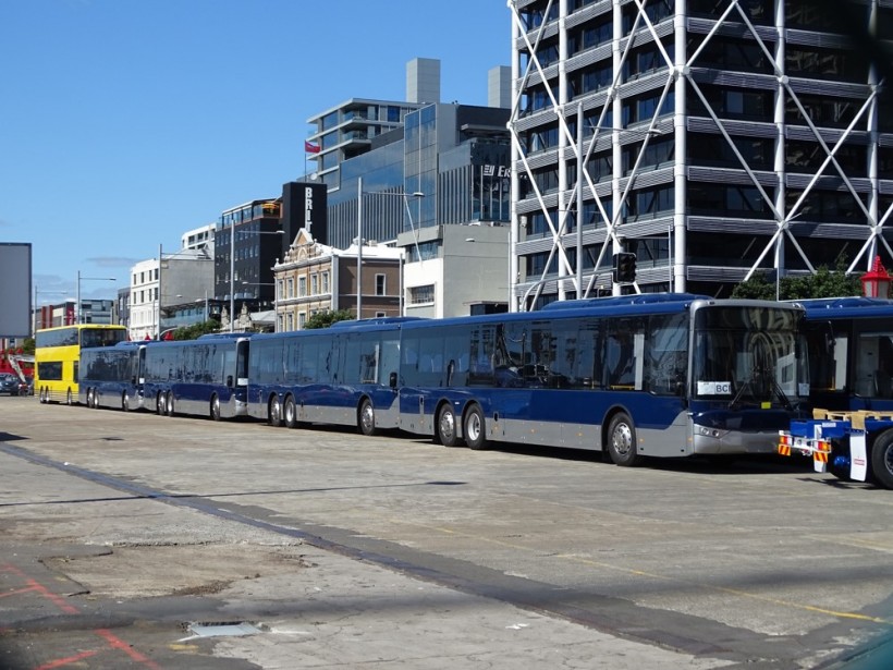 Spotted around seven new BCI buses for Ritchies at the Port of Auckland on the 13/09/2016 having been unloaded from the Tranquil Ace. In the photo also is a new BCI double decker bus for the hop on and off Explorer Bus
